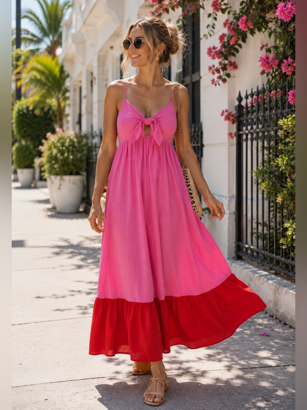 Tabitha Brown Target Dress Linen Pink Colorblock Tie Front Midi NWT